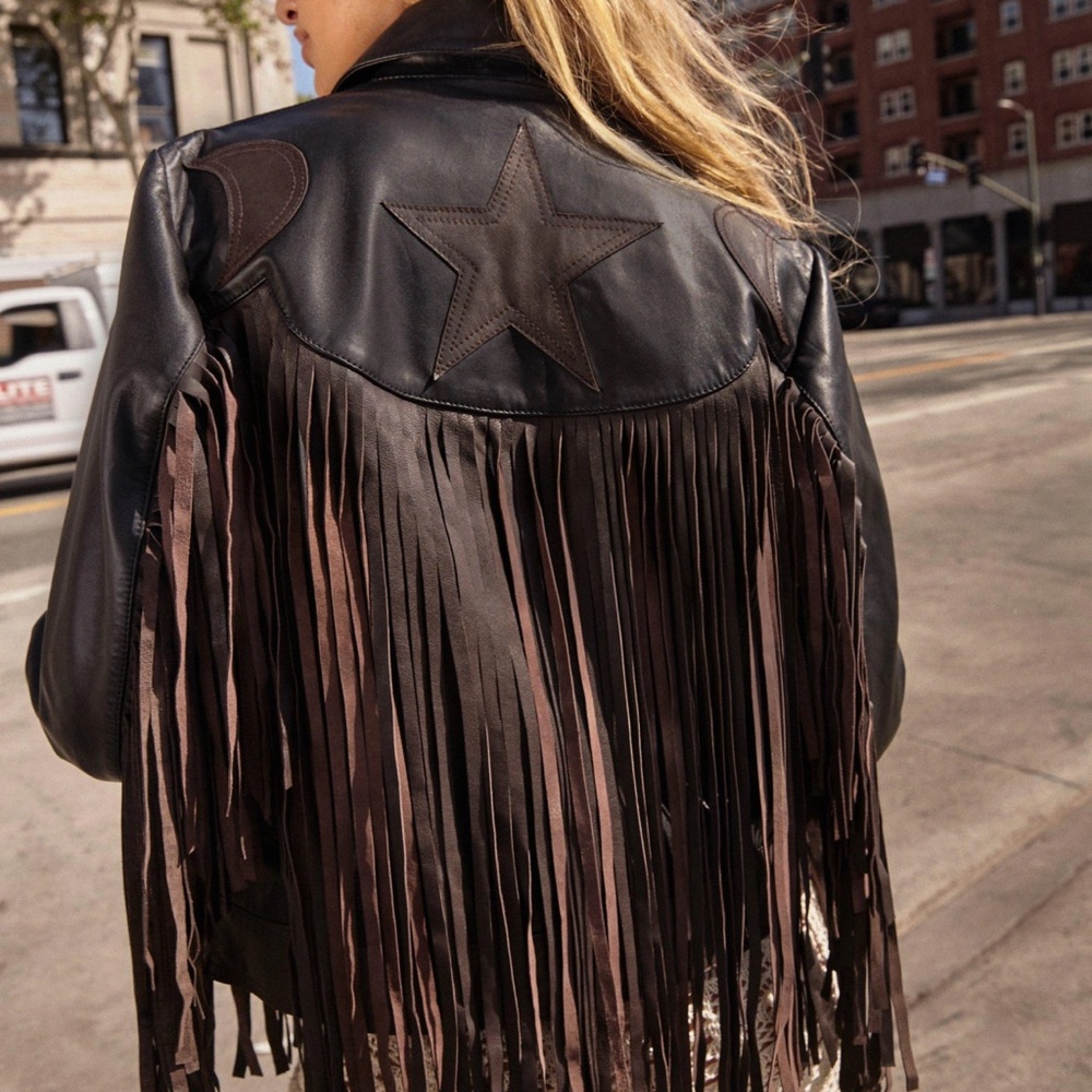 Nasty Gal Black Leather Jacket with Fringe